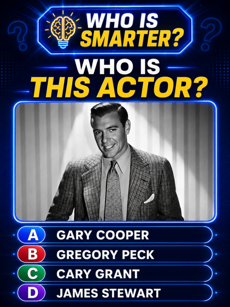A black and white portrait of a smiling well-dressed Cary Grant similar to the quiz image with quiz options overlaid
