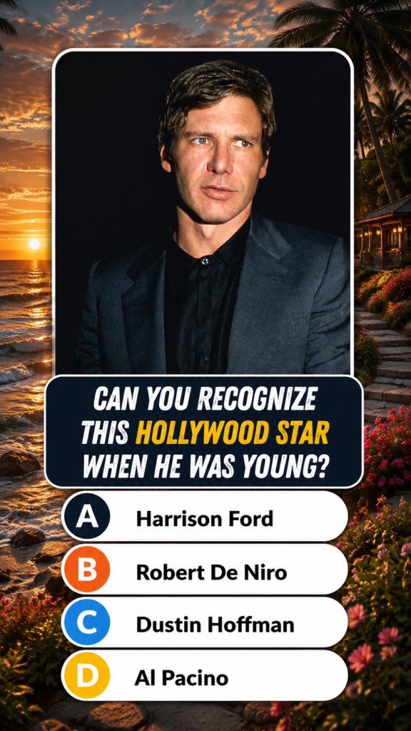 A quiz image showing a headshot of a young Harrison Ford against a vibrant tropical sunset background with quiz question