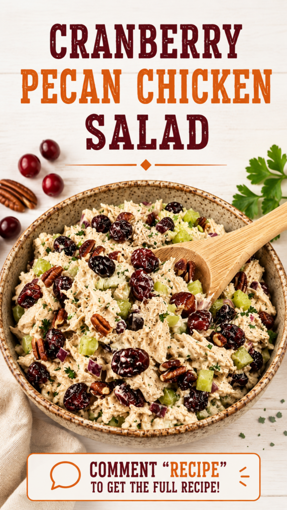 A vibrant vegan cranberry pecan chicken salad served in a rustic ceramic bowl with a wooden spoon Fresh cranberries whol