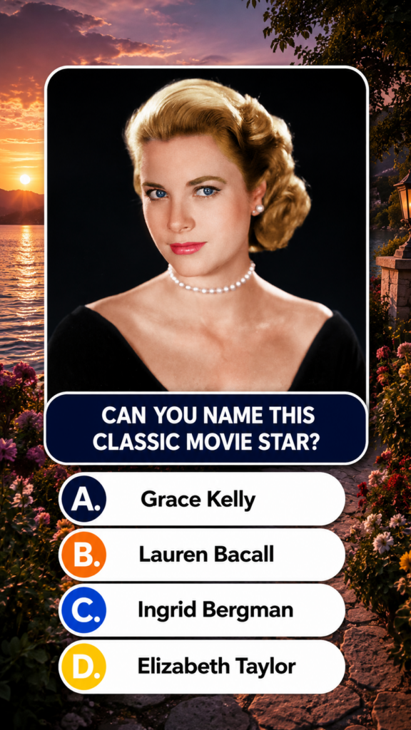 A quiz image featuring a portrait of Grace Kelly with a split background of a sunset and a garden asking CAN YOU NAME TH