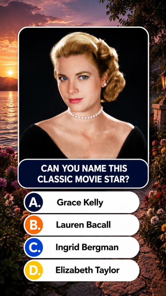 A quiz image featuring a portrait of Grace Kelly with a split background of a sunset and a garden asking CAN YOU NAME TH