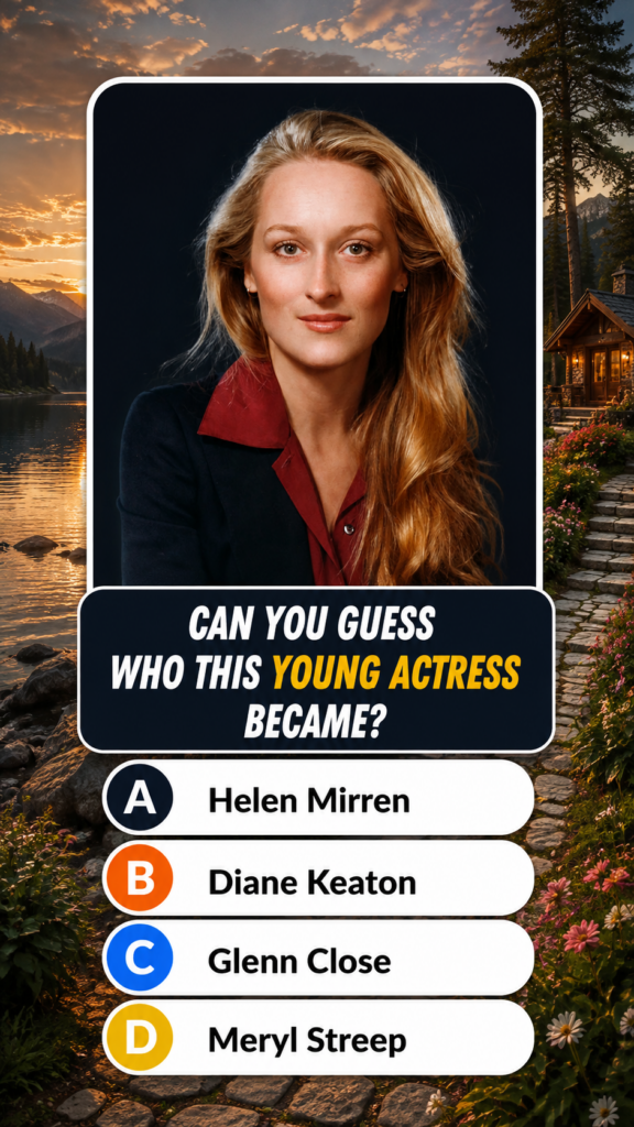 A classic portrait of a young Meryl Streep with her characteristic features looking contemplative The image is part of a