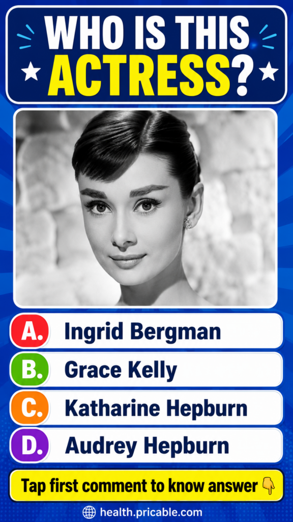 A vertical quiz graphic asking WHO IS THIS ACTRESS with a black and white portrait of Audrey Hepburn and four multiple c