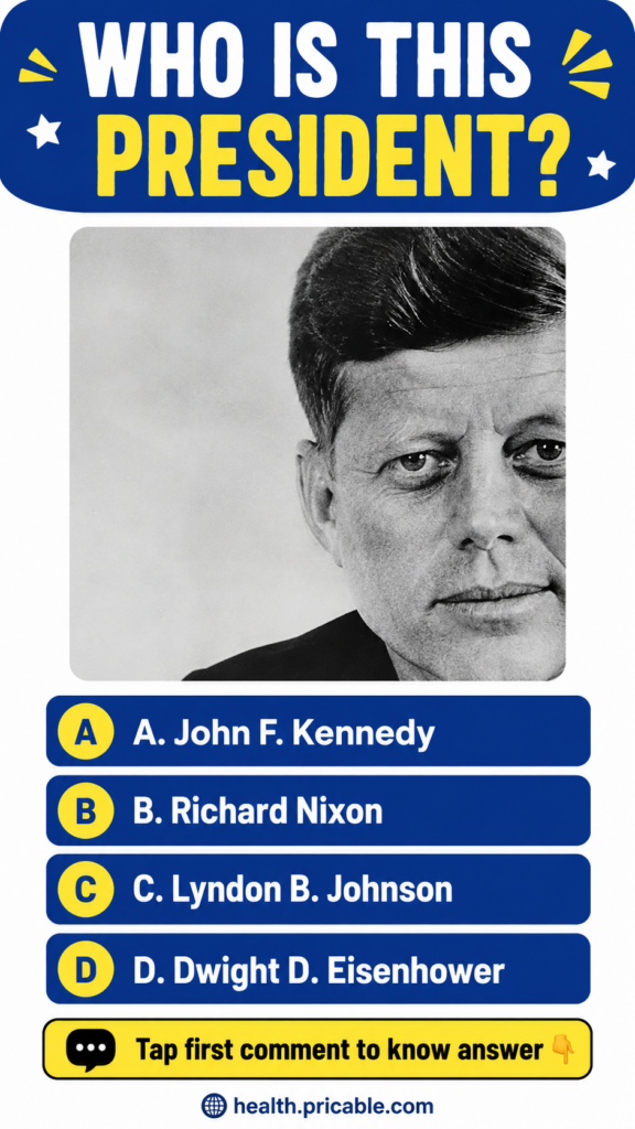 A social media quiz graphic featuring a black and white portrait of John F Kennedy with the question WHO IS THIS PRESIDE