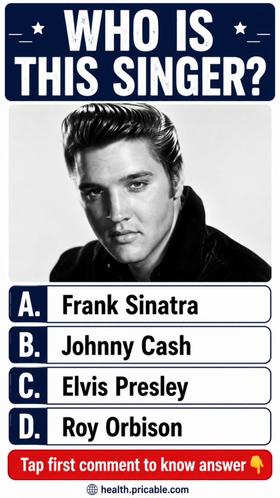 A black and white portrait of a young Elvis Presley with his iconic hairstyle and intense gaze as seen in the quiz image