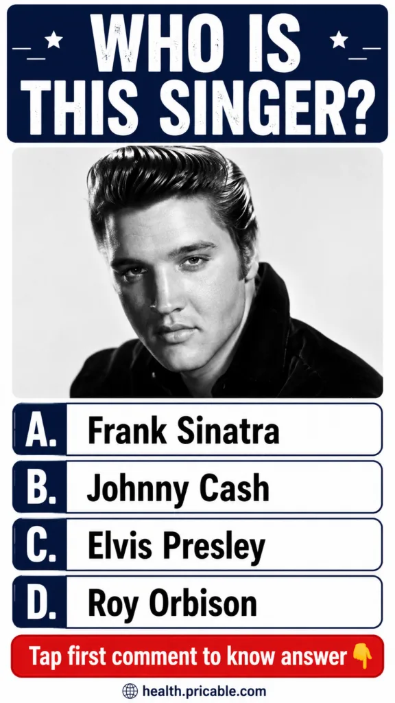A black and white portrait of a young Elvis Presley with his iconic hairstyle and intense gaze as seen in the quiz image