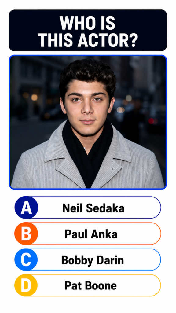 A multiple-choice quiz image with the question WHO IS THIS ACTOR at the top featuring a portrait of a young man with dar