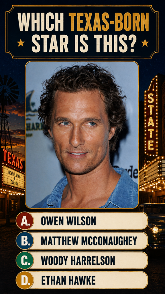 A quiz image featuring a headshot of actor Matthew McConaughey with a Texas-themed background and the quiz question WHIC