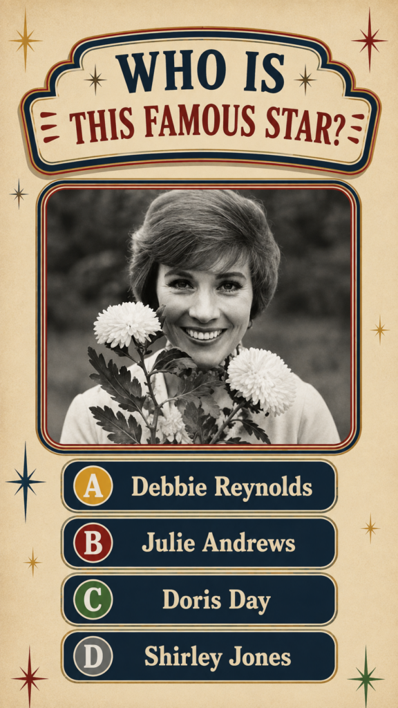 A vintage-style quiz poster featuring a black-and-white photograph of a smiling Julie Andrews holding chrysanthemums wit