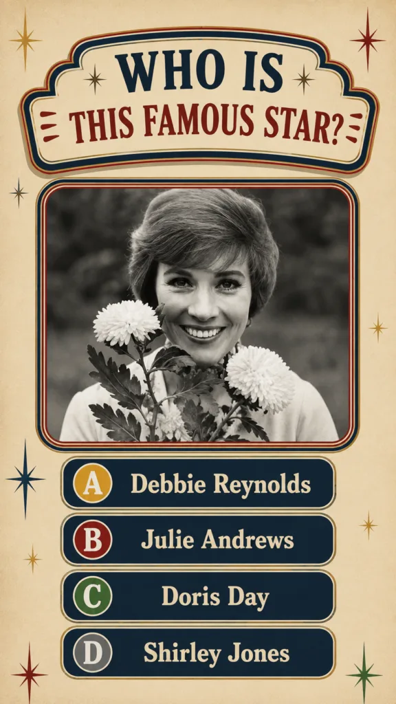 A vintage-style quiz poster featuring a black-and-white photograph of a smiling Julie Andrews holding chrysanthemums wit