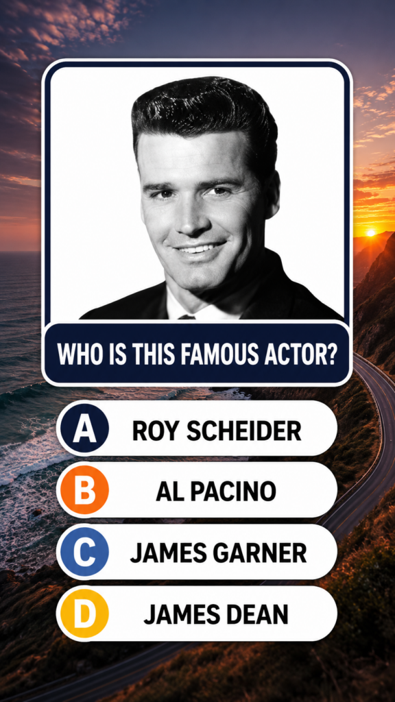 A black-and-white headshot of a young James Garner with a confident dimpled smile part of a multiple-choice quiz overlay