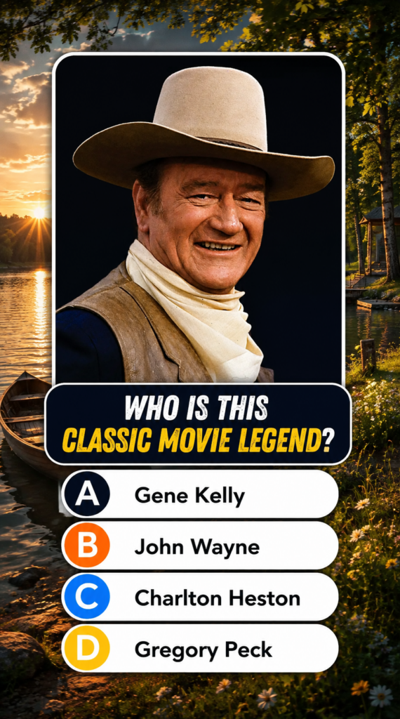 A quiz image showing actor John Wayne wearing a cowboy hat smiling with the question WHO IS THIS CLASSIC MOVIE LEGEND ov