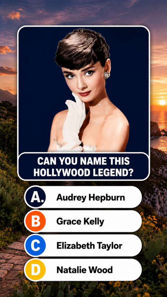A quiz card featuring a colorized black and white portrait of Audrey Hepburn set against a vibrant sunset landscape The 