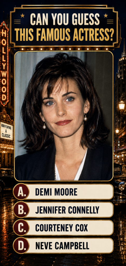 A quiz image featuring a headshot of Courteney Cox with dark hair and blue eyes wearing a dark blazer and pearl earrings