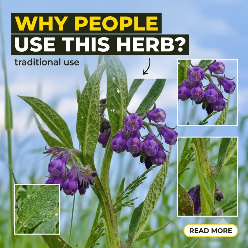 A close-up of a Comfrey plant with vibrant purple bell-shaped flowers and prominent green hairy leaves in a natural outd