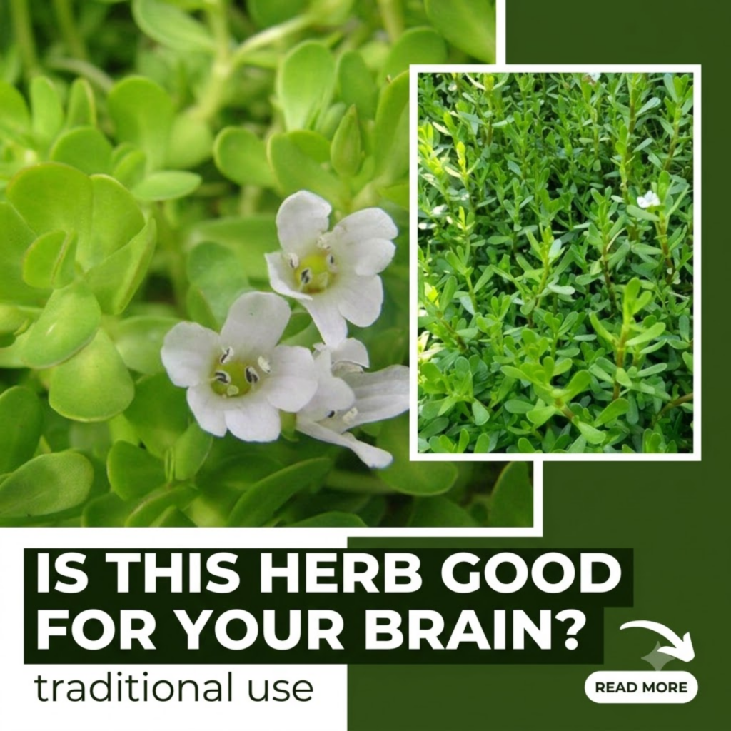 Close-up of fresh Bacopa monnieri Brahmi plant with green leaves and small white flowers resembling the source image