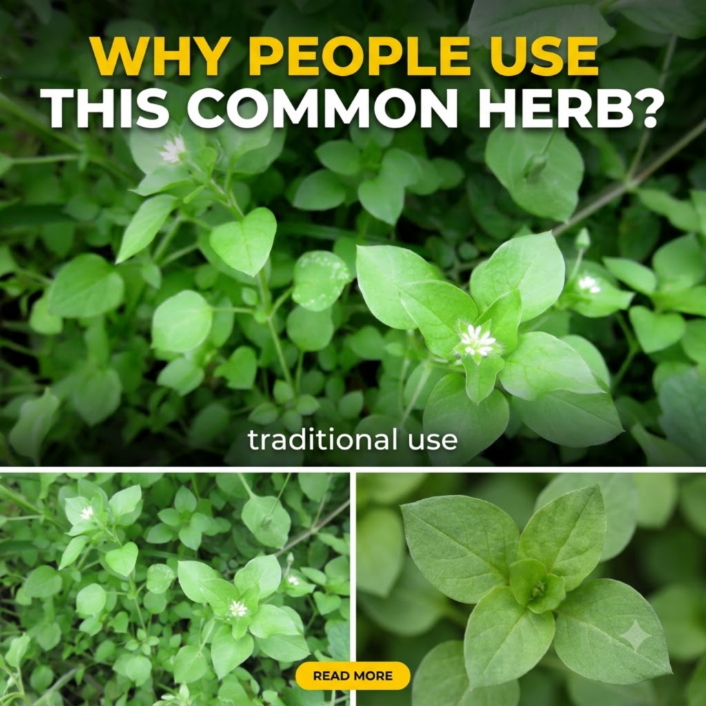 A vibrant patch of fresh chickweed with small white flowers showing its delicate leaves and sprawling stems in a garden 