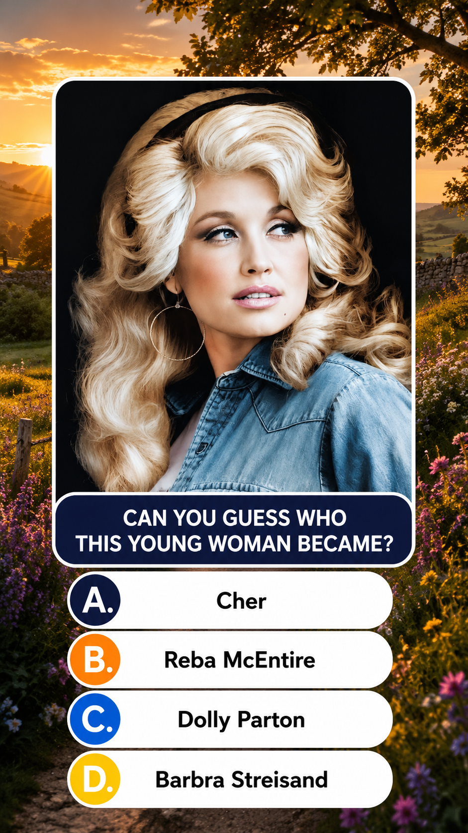 A vintage portrait of a young Dolly Parton with voluminous blonde hair light blue eyes pink lipstick wearing a denim shi