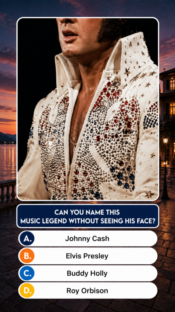 A quiz image showing a partial view of Elvis Presley in an ornate white jumpsuit with prominent sideburns cropped above 