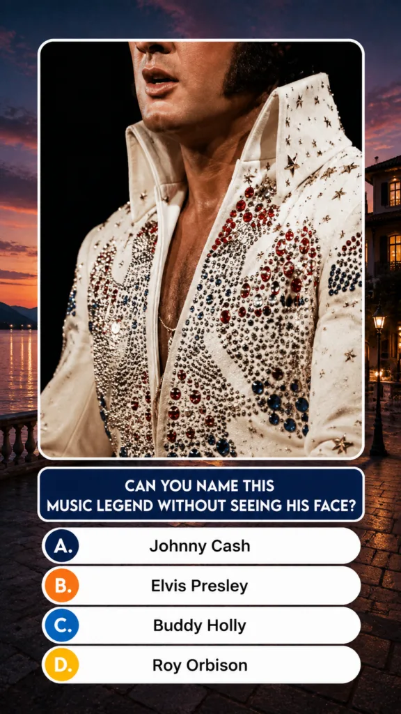 A quiz image showing a partial view of Elvis Presley in an ornate white jumpsuit with prominent sideburns cropped above 