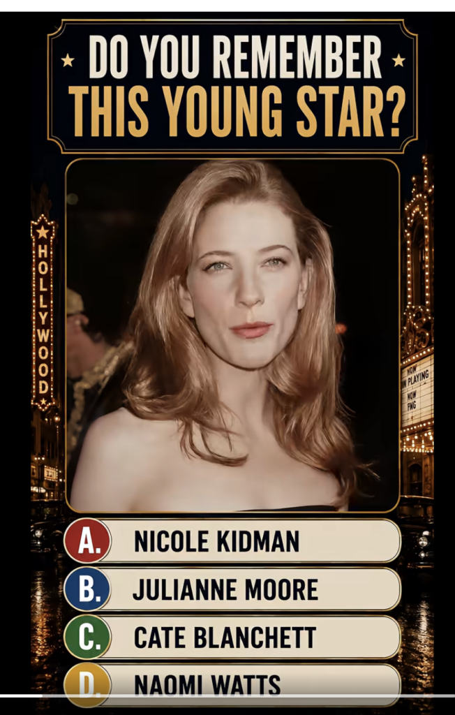 A quiz graphic with a portrait of a youthful Cate Blanchett framed by a golden theatrical border against a stylized dark