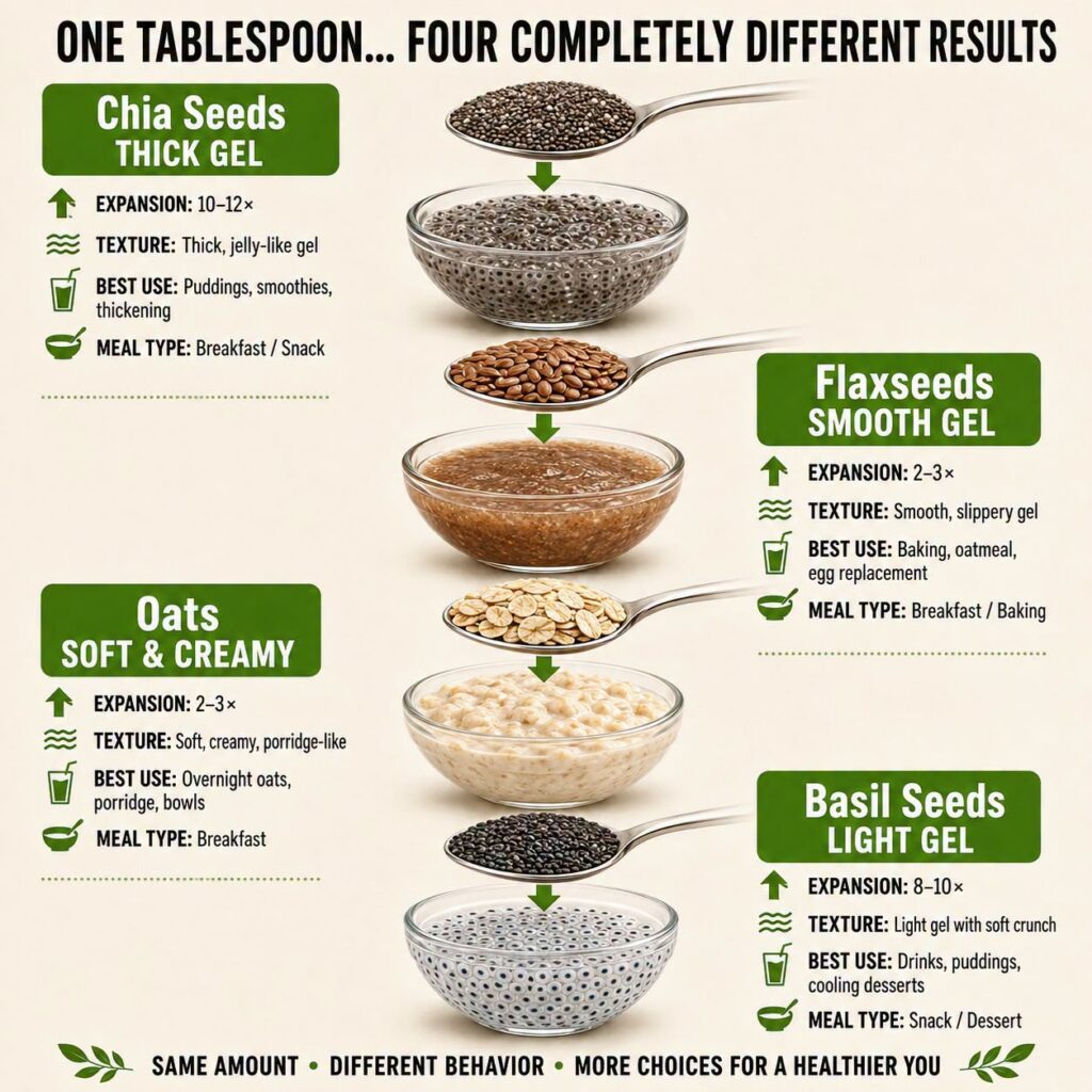 A visual comparison of one tablespoon of dry chia seeds flaxseeds oats and basil seeds next to their prepared gelled or 