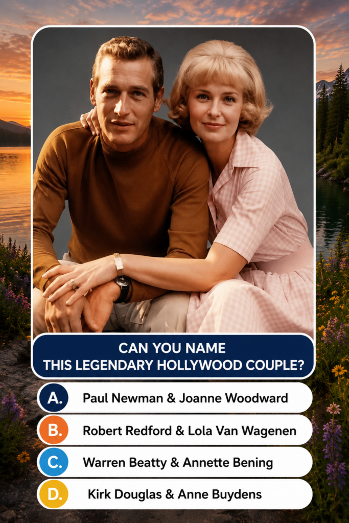 A vintage portrait of Paul Newman and Joanne Woodward superimposed on a split background of a lake at sunset and a lush 
