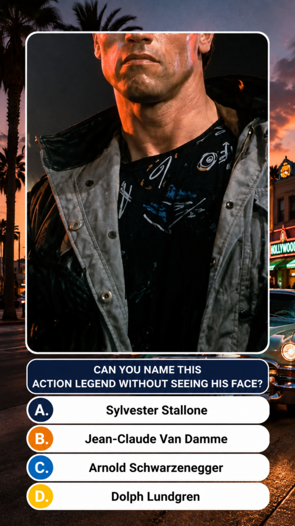 A close-up quiz image showing the highly muscular chest and jawline of an action star wearing a distressed grey jacket o