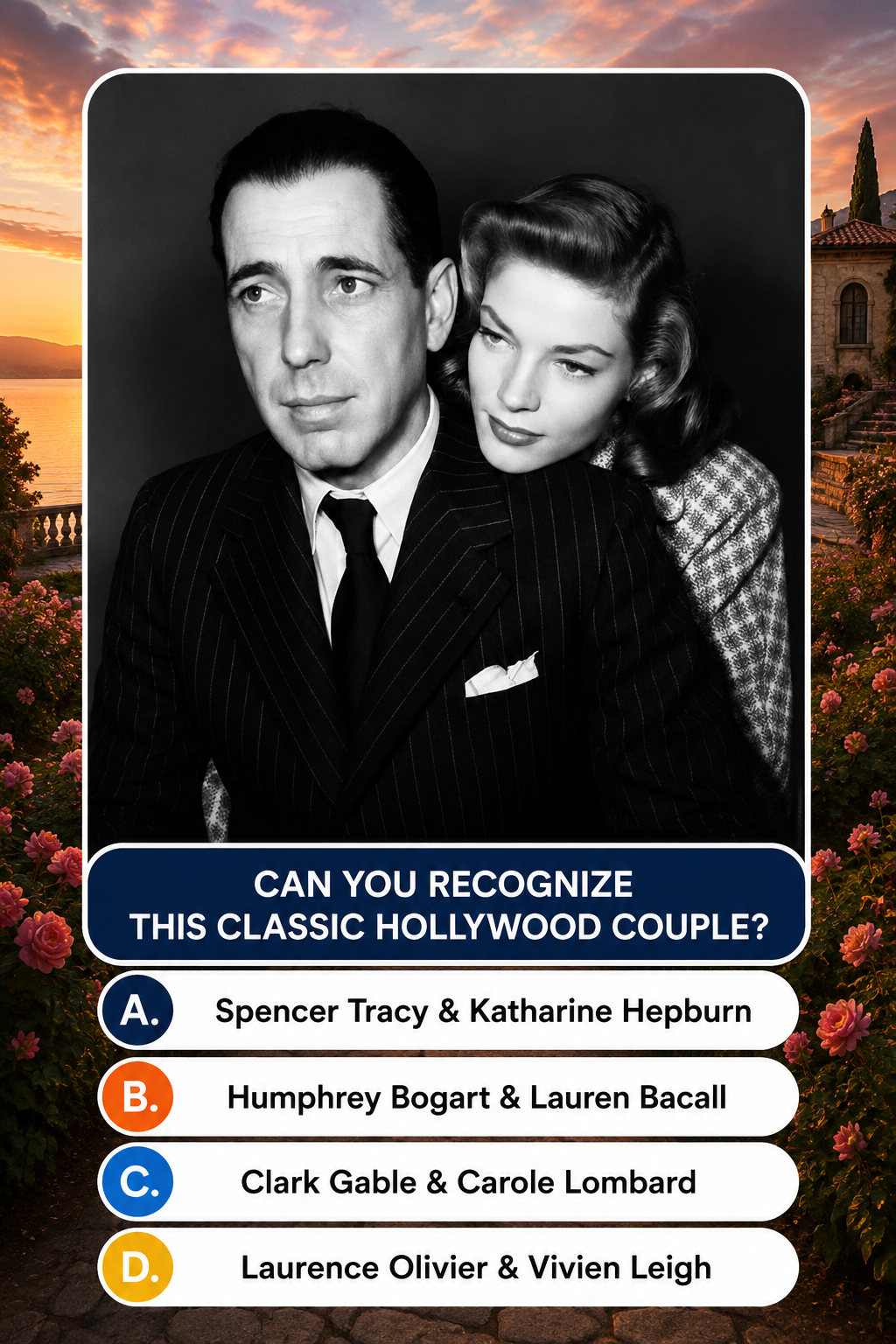 A black and white portrait of Humphrey Bogart and Lauren Bacall in a close embrace set against a vibrant romantic sunset