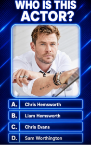 A quiz graphic asking WHO IS THIS ACTOR with a headshot of Chris Hemsworth in a glowing blue frame and four multiple-cho