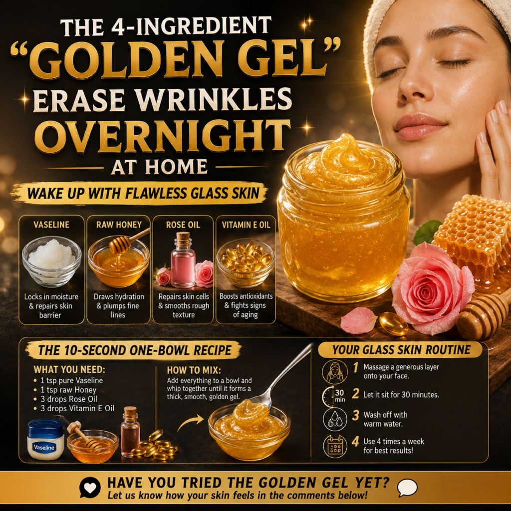 A serene woman with glowing smooth skin looking refreshed Next to her is a small jar of a golden-colored gel The overall