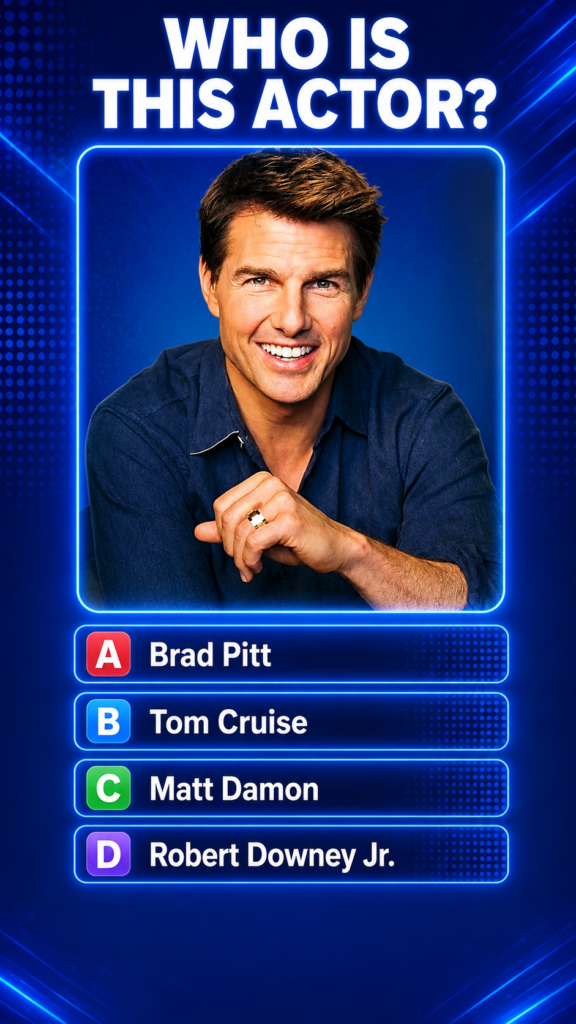 A vibrant interactive quiz screen with the question WHO IS THIS ACTOR and a headshot of Tom Cruise smiling Below are fou
