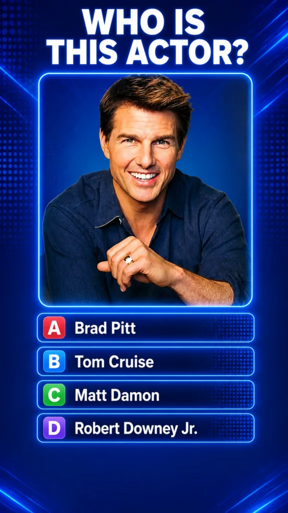 A vibrant interactive quiz screen with the question WHO IS THIS ACTOR and a headshot of Tom Cruise smiling Below are fou