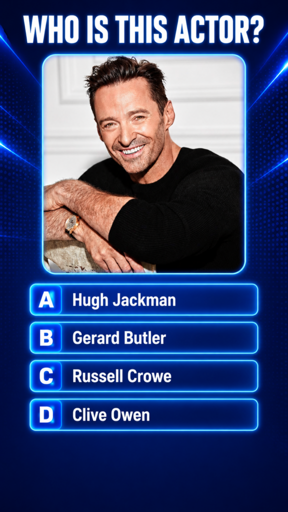 The original quiz image showing Hugh Jackman s headshot in a glowing blue frame with the question WHO IS THIS ACTOR and 
