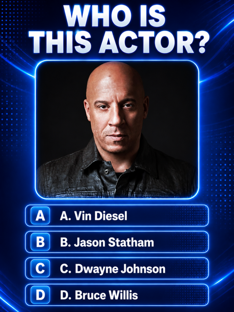A quiz image showing a close-up portrait of actor Vin Diesel bald and serious wearing a dark jacket enclosed in a neon b