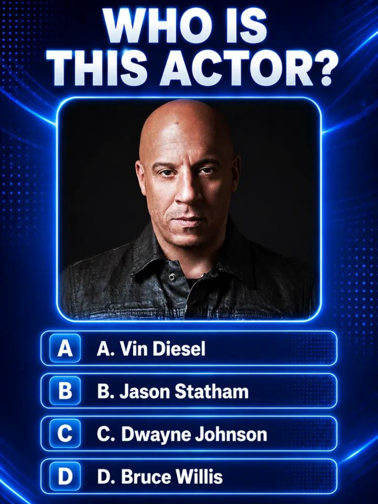 A quiz image showing a close-up portrait of actor Vin Diesel bald and serious wearing a dark jacket enclosed in a neon b