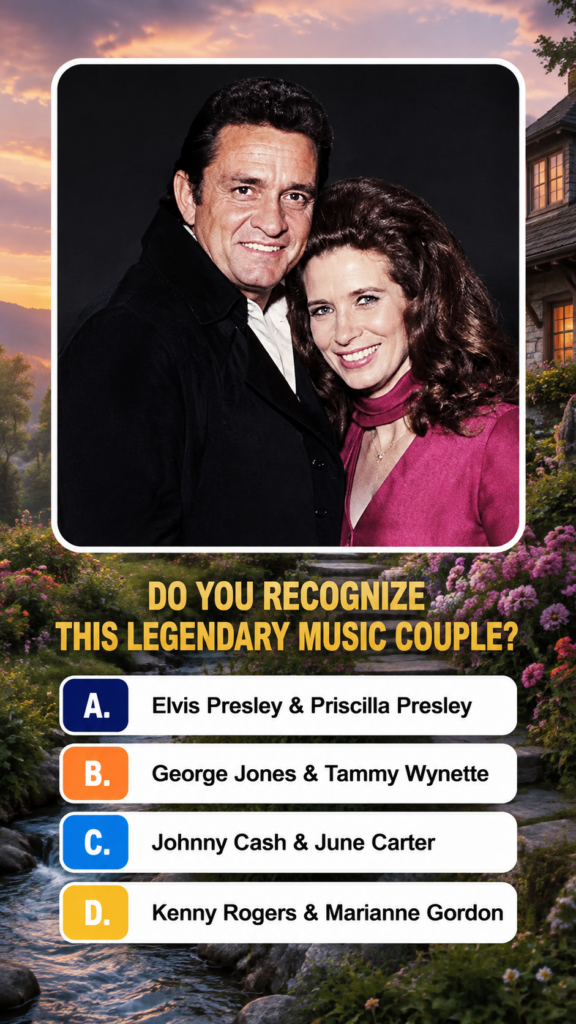 A quiz image asking to identify a legendary music couple featuring a photograph of Johnny Cash and June Carter Cash smil
