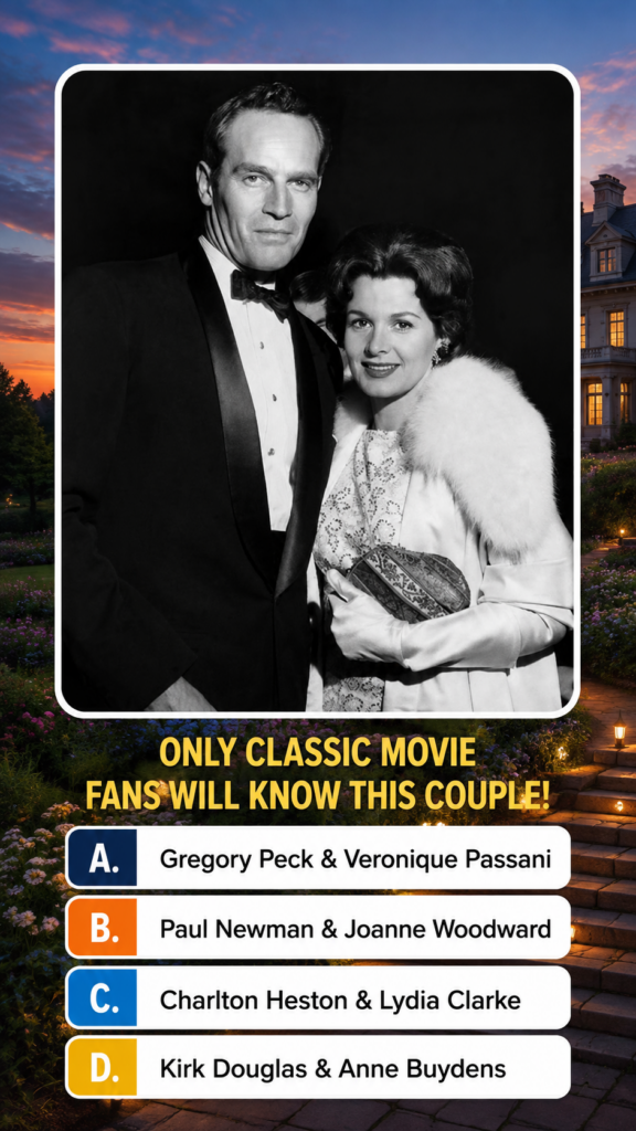 Black and white photograph of Charlton Heston and Lydia Clarke elegantly dressed set against a luxurious garden and mans