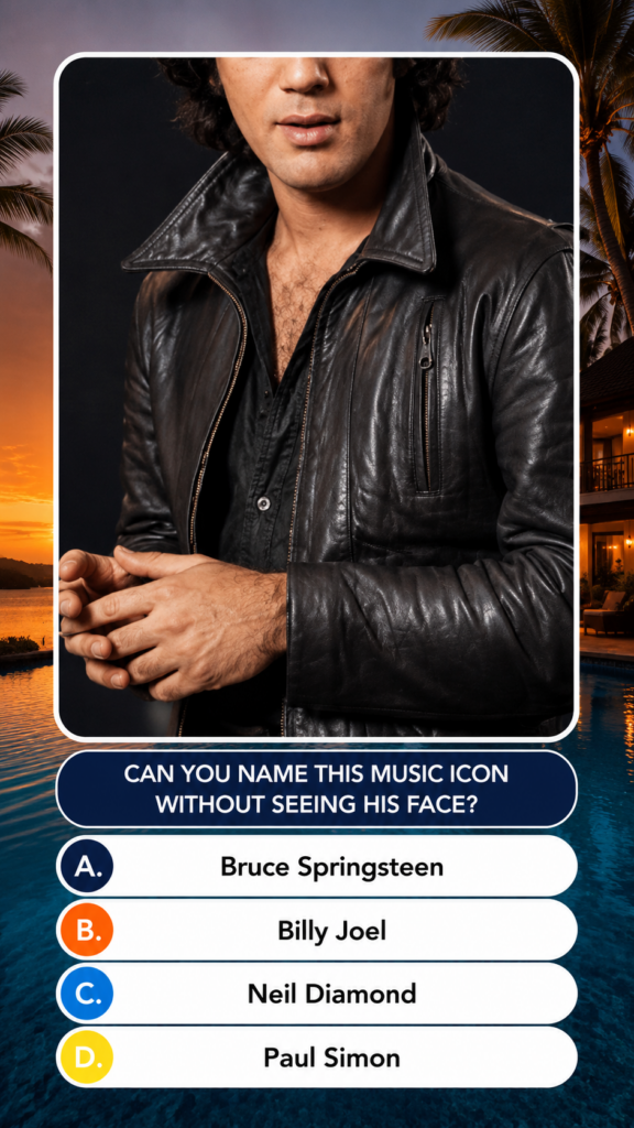 A social media quiz graphic showing a partial close-up of a male musician with dark curly hair wearing a black leather j