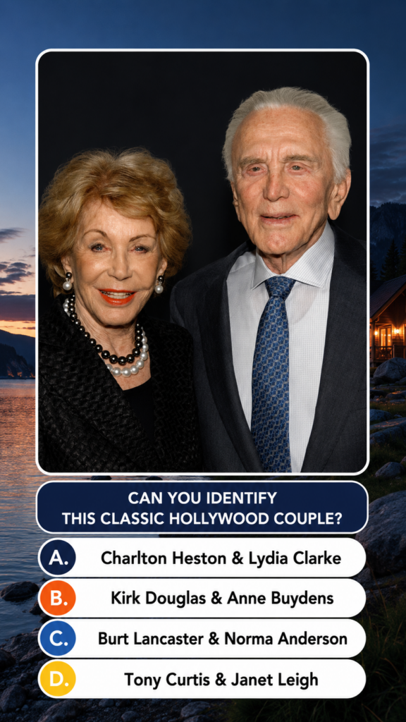 A quiz image featuring a framed portrait of elderly Kirk Douglas and Anne Buydens superimposed on a serene natural lands