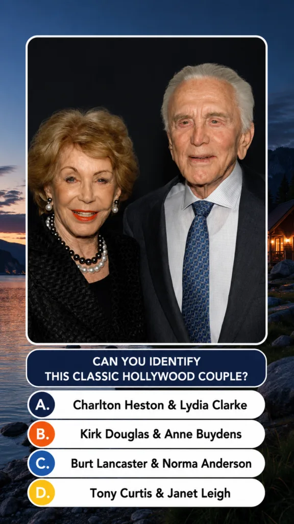 A quiz image featuring a framed portrait of elderly Kirk Douglas and Anne Buydens superimposed on a serene natural lands
