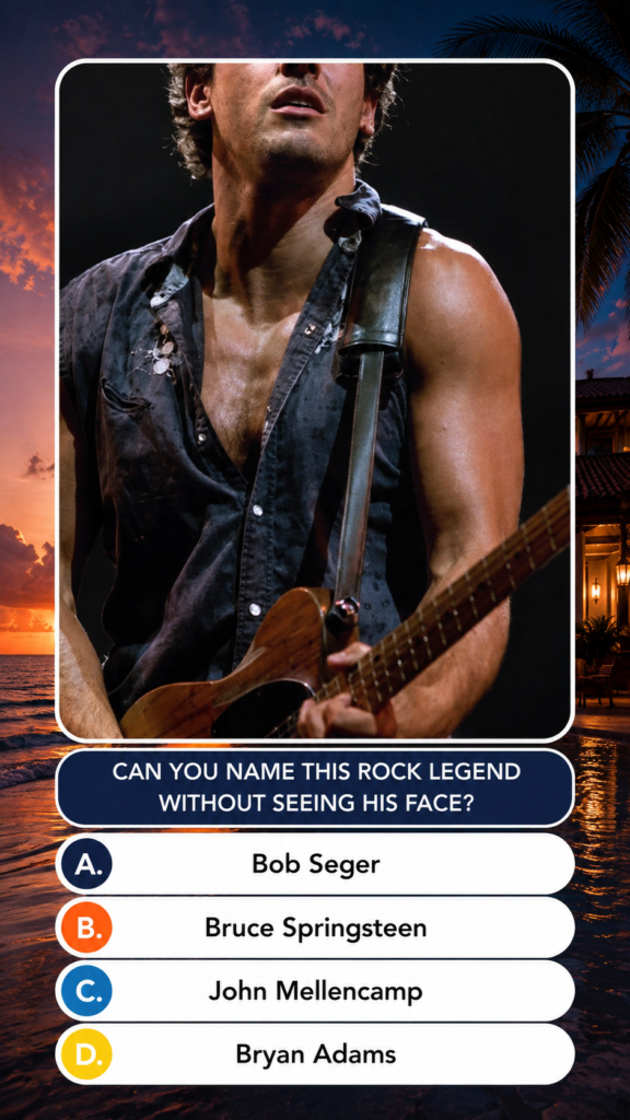 A composite quiz image featuring a cropped photo of Bruce Springsteen playing guitar on stage superimposed on a tropical