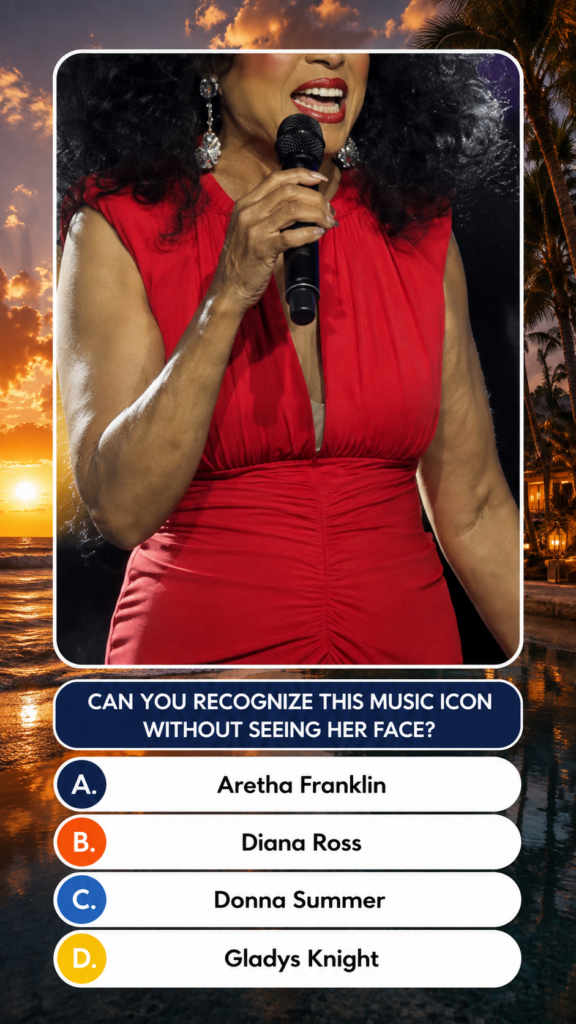A cropped photograph of a female singer in a vibrant red dress holding a microphone with her face intentionally obscured