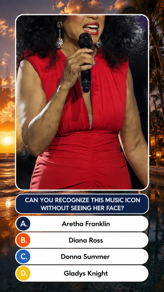 A cropped photograph of a female singer in a vibrant red dress holding a microphone with her face intentionally obscured