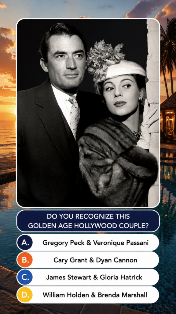Black and white portrait of Gregory Peck and Veronique Passani superimposed on a tropical sunset scene featuring the qui