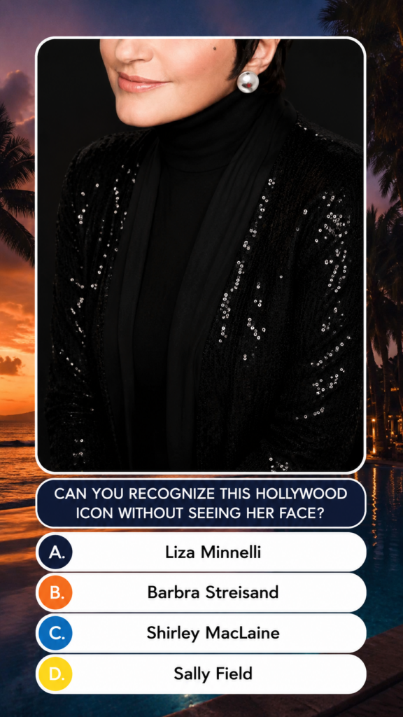 A visual quiz image showing a cropped portrait of Liza Minnelli revealing her chin lips ear with a large spherical earri