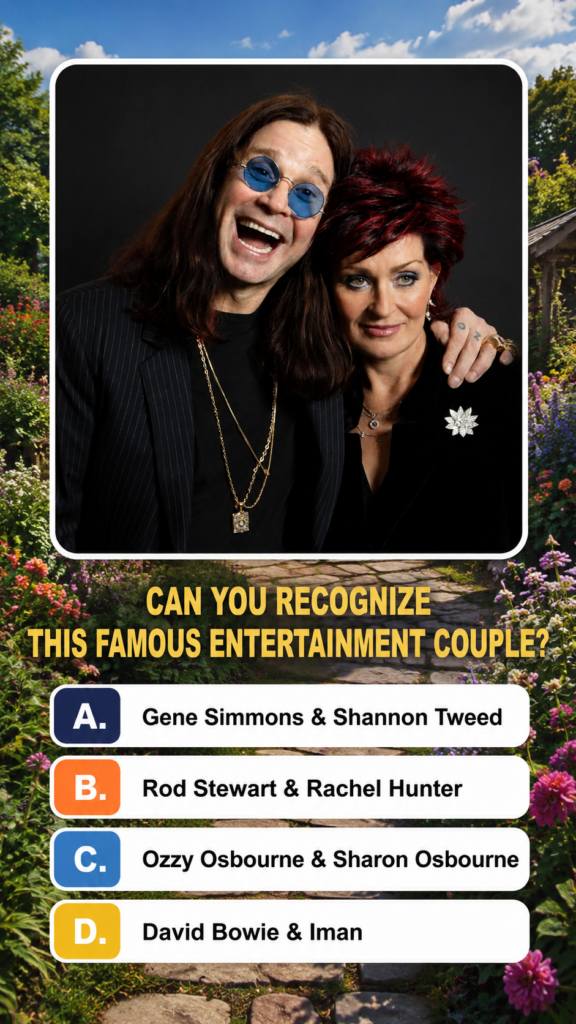 Quiz graphic showing Ozzy and Sharon Osbourne in a garden setting with multiple-choice options