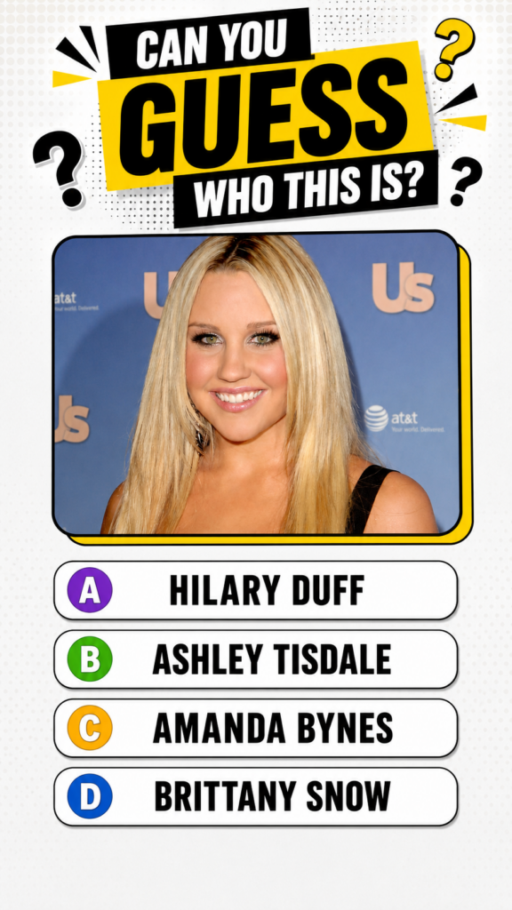 A brightly colored quiz graphic featuring a headshot of Amanda Bynes smiling with long blonde hair and green eye makeup 