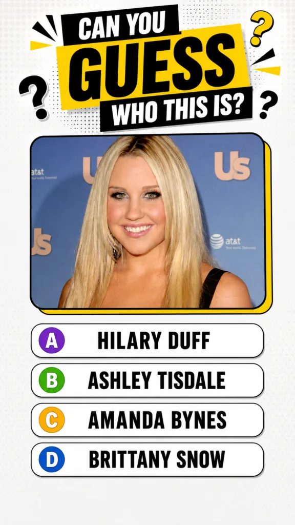 A brightly colored quiz graphic featuring a headshot of Amanda Bynes smiling with long blonde hair and green eye makeup 