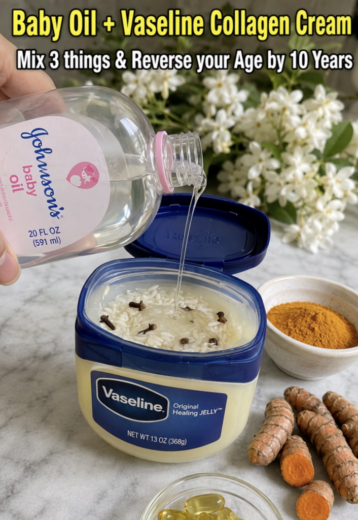 Overhead shot of ingredients for a DIY cream a hand pouring baby oil into a jar of Vaseline alongside turmeric powder fr